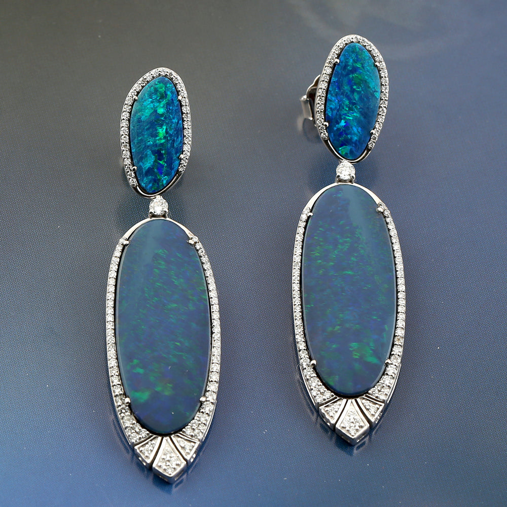 Australian Opal & Diamond Elongated Drop Earrings in 18K White Gold