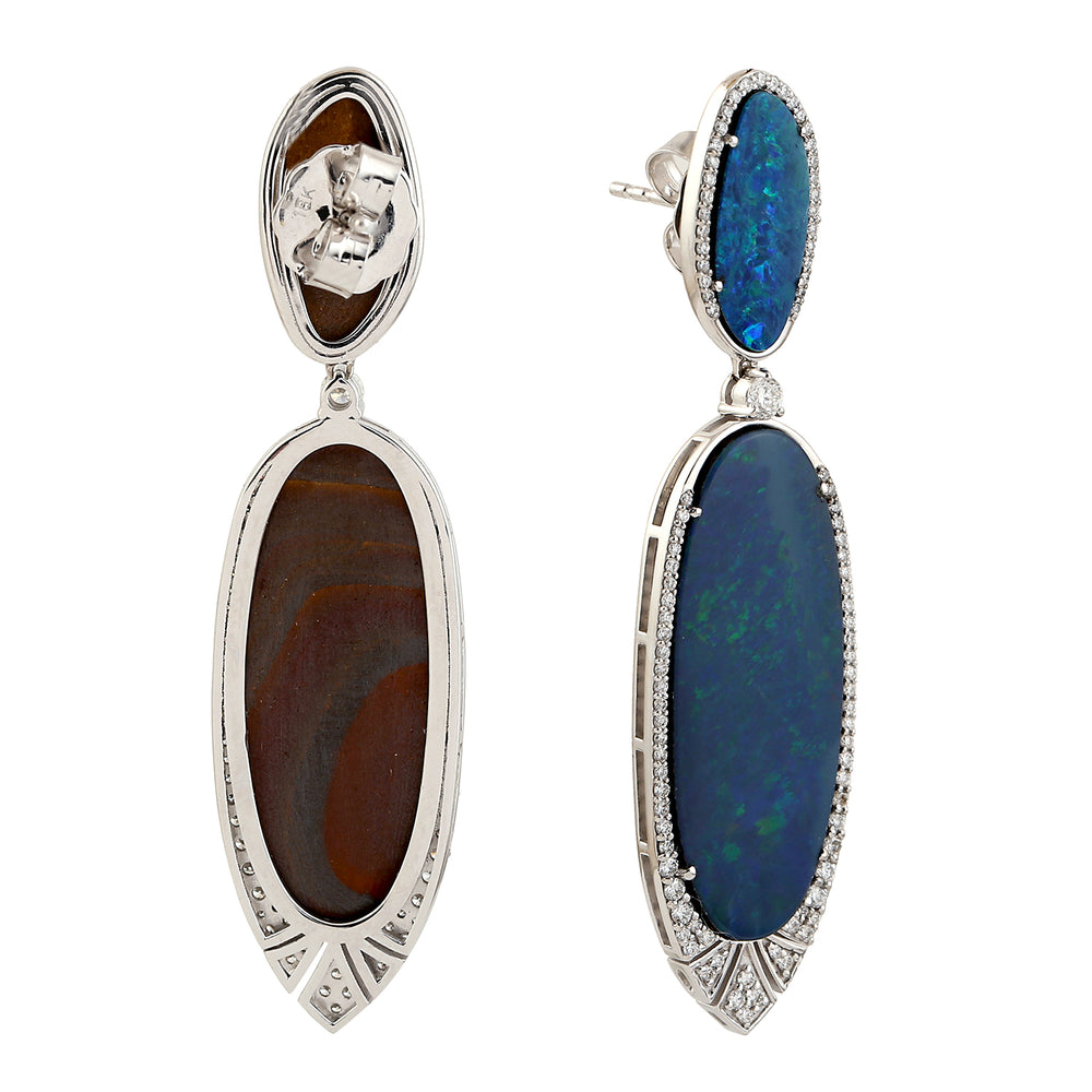 Australian Opal & Diamond Elongated Drop Earrings in 18K White Gold