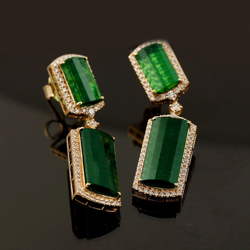 Fancy Green Tourmaline Pave Diamond Designer Dangler Made In 18k Yellow Gold