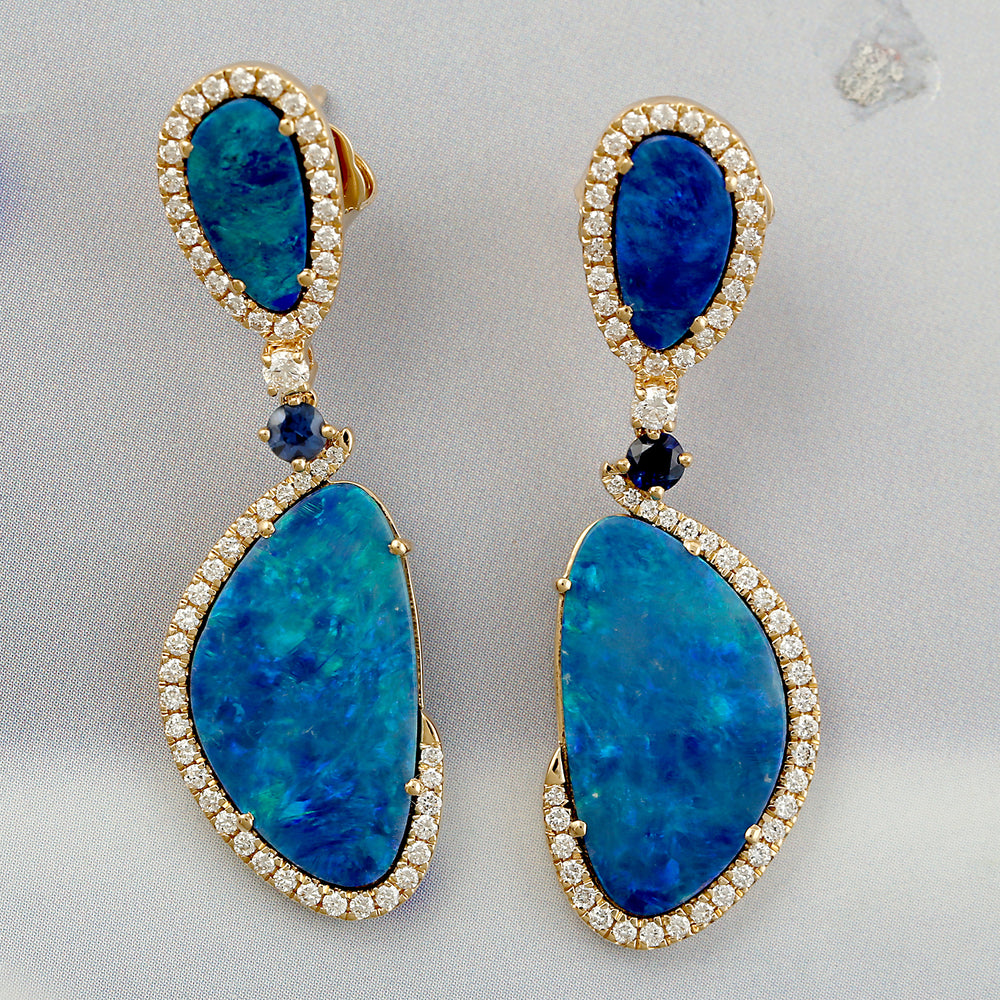 Opal Doublet Pear Blue Sapphire Pave Diamond Danglers In 18k Yellow Gold