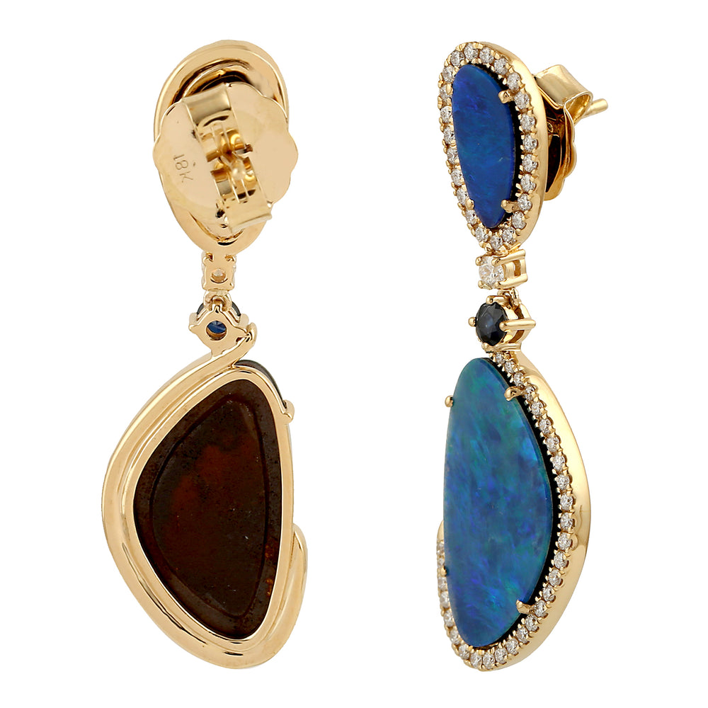 Opal Doublet Pear Blue Sapphire Pave Diamond Danglers In 18k Yellow Gold