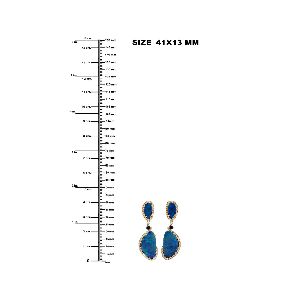 Opal Doublet Pear Blue Sapphire Pave Diamond Danglers In 18k Yellow Gold