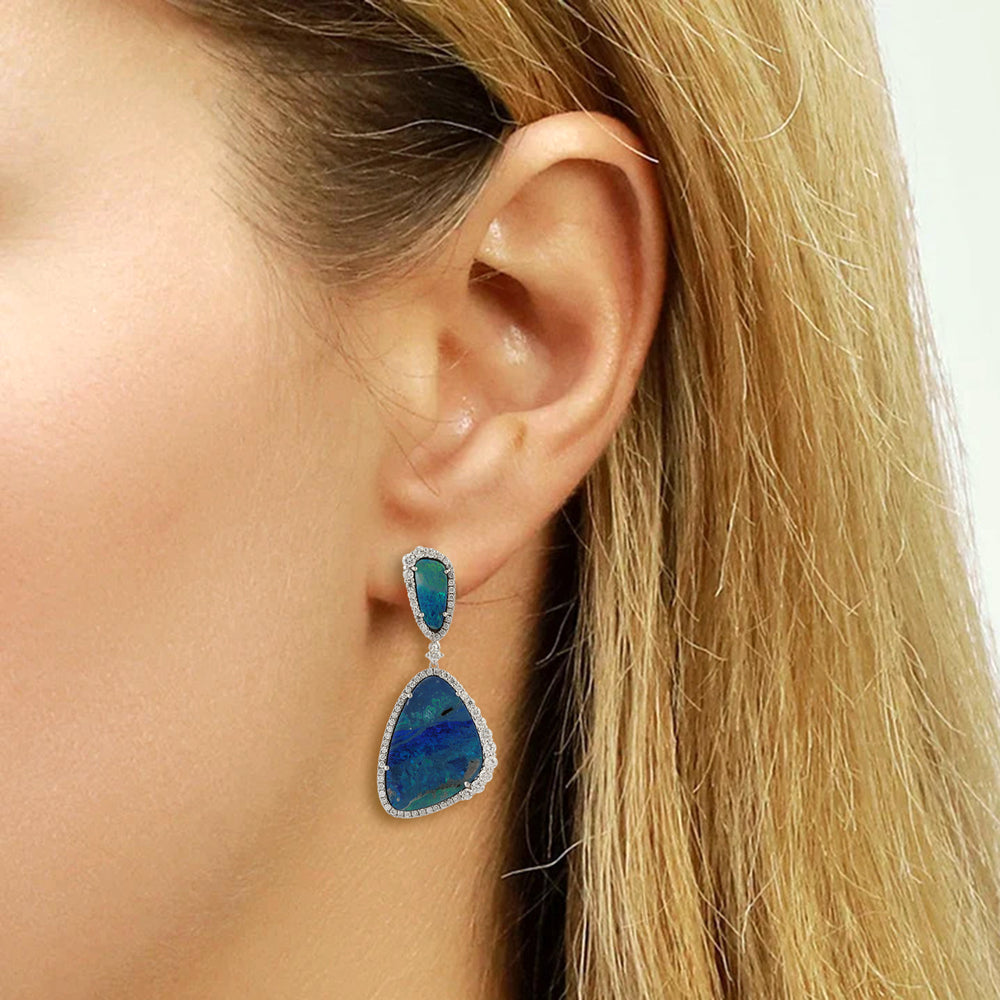 Australian Opal & Diamond Freeform Drop Earrings in 18K White Gold