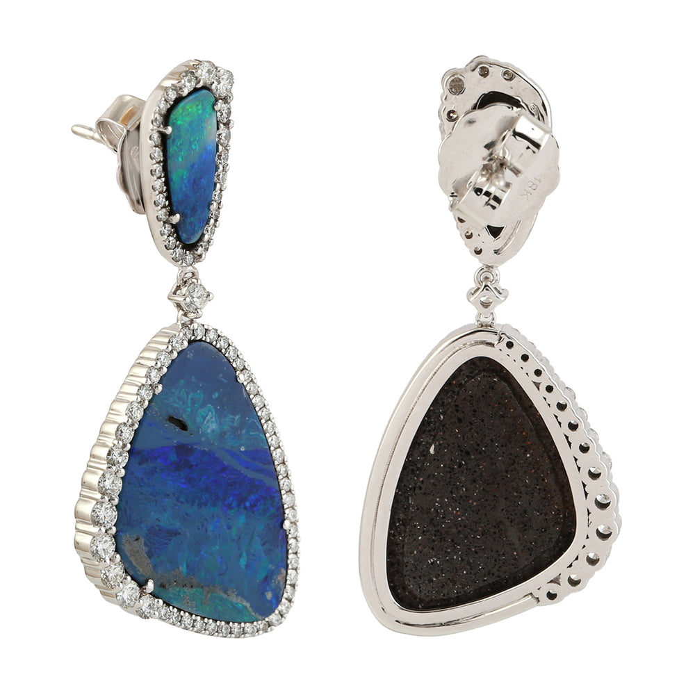 Australian Opal & Diamond Freeform Drop Earrings in 18K White Gold