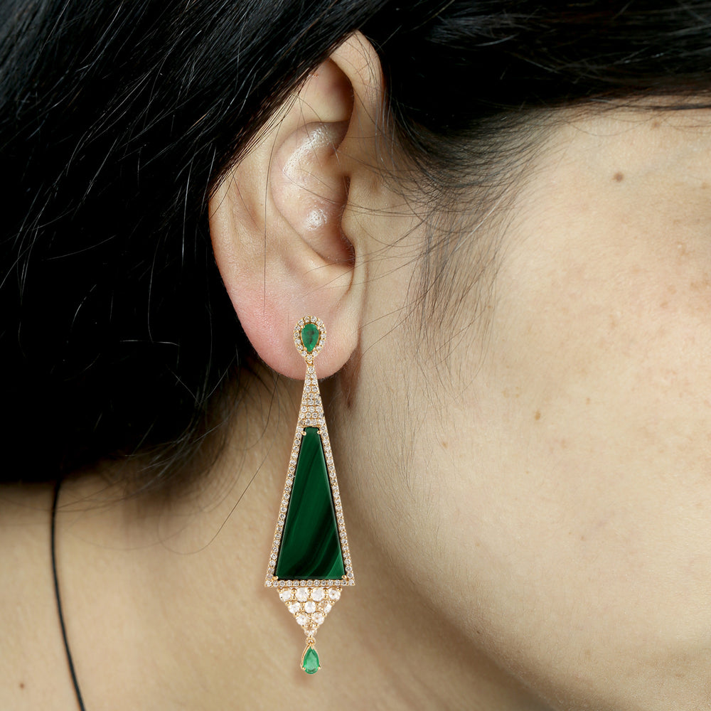 Emerald & Malachite Dangle Earrings with Pave Rose Cut Diamonds in 18K Yellow Gold