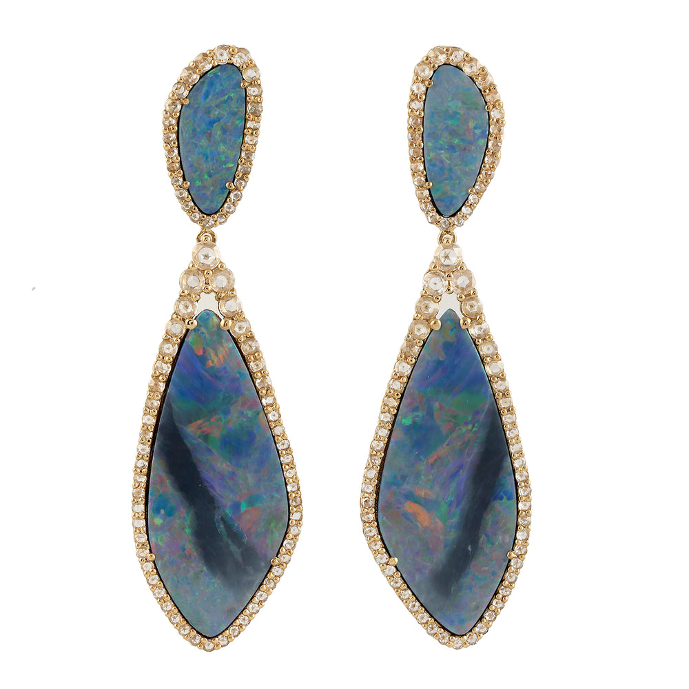 Australian Opal & Diamond Drop Earrings in 18K Yellow Gold