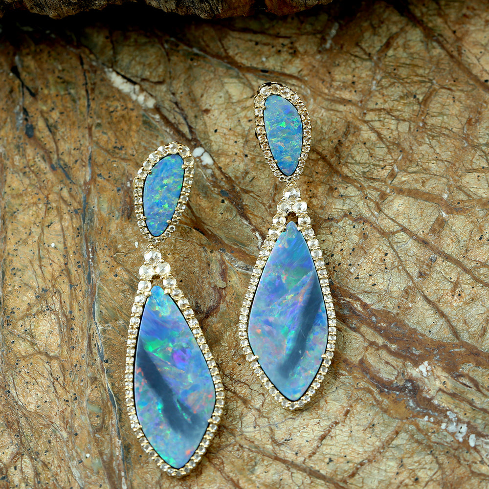Australian Opal & Diamond Drop Earrings in 18K Yellow Gold
