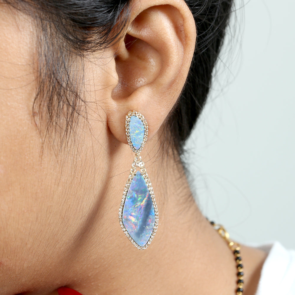 Australian Opal & Diamond Drop Earrings in 18K Yellow Gold