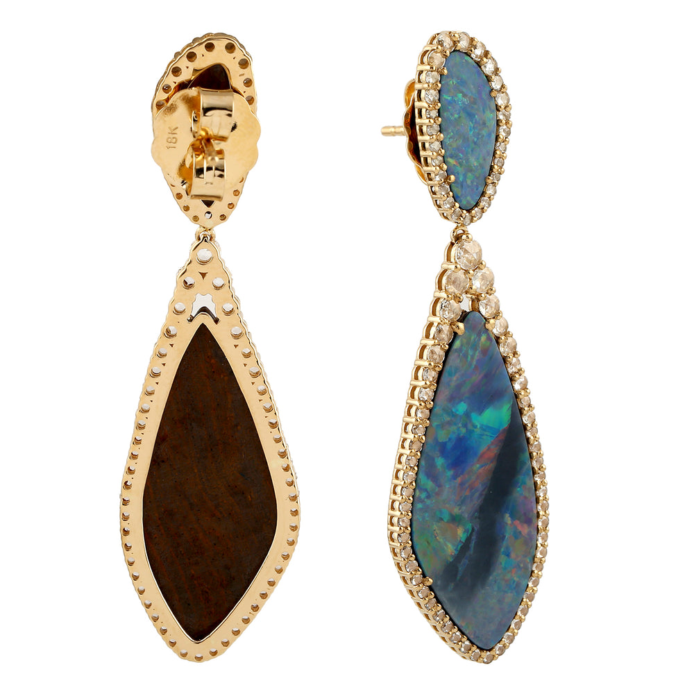Australian Opal & Diamond Drop Earrings in 18K Yellow Gold