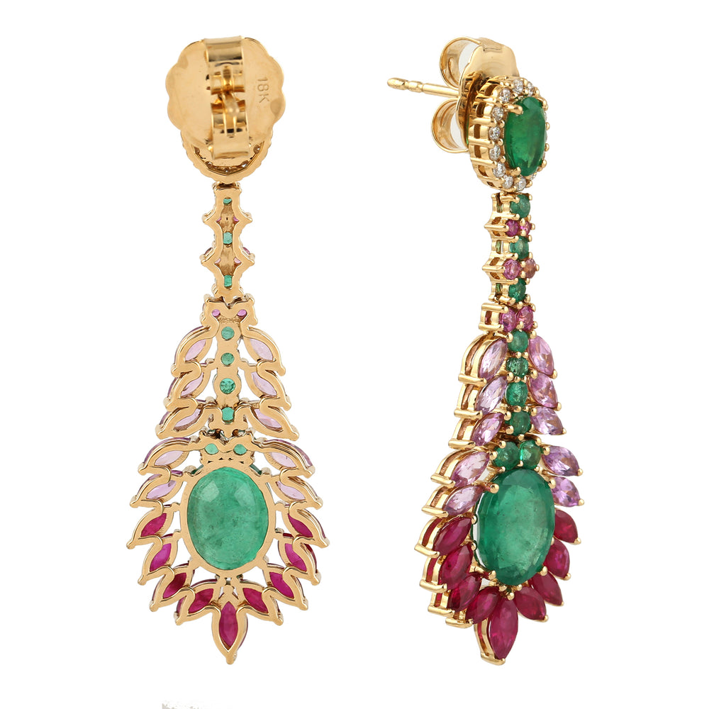 Emerald, Marquise Ruby & Pink Sapphire Chandelier Earrings with Diamonds in 18K Yellow Gold