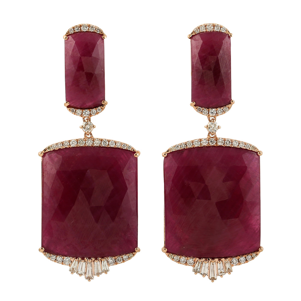 Natural Ruby & pave Diamond Designer Dangle Earrings In 18k Yellow Gold Handmade Jewelry