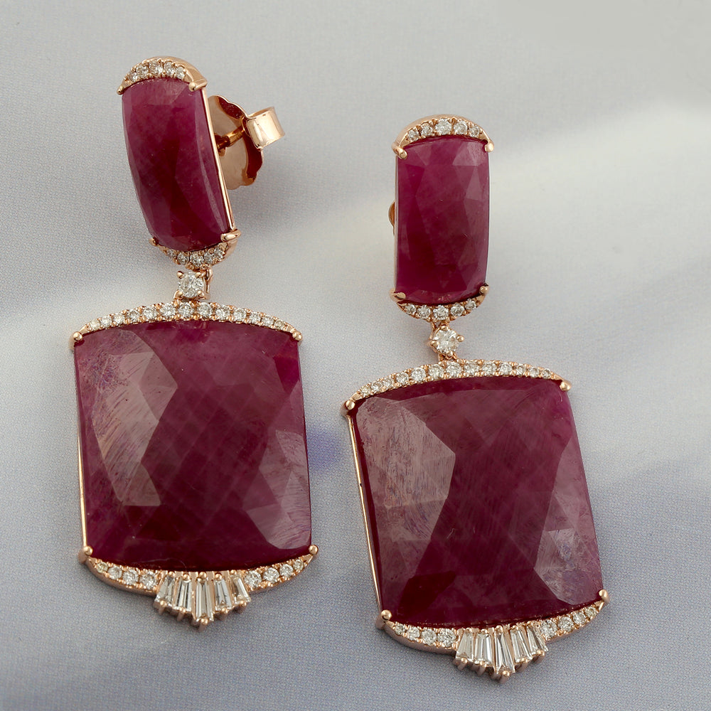 Natural Ruby & pave Diamond Designer Dangle Earrings In 18k Yellow Gold Handmade Jewelry