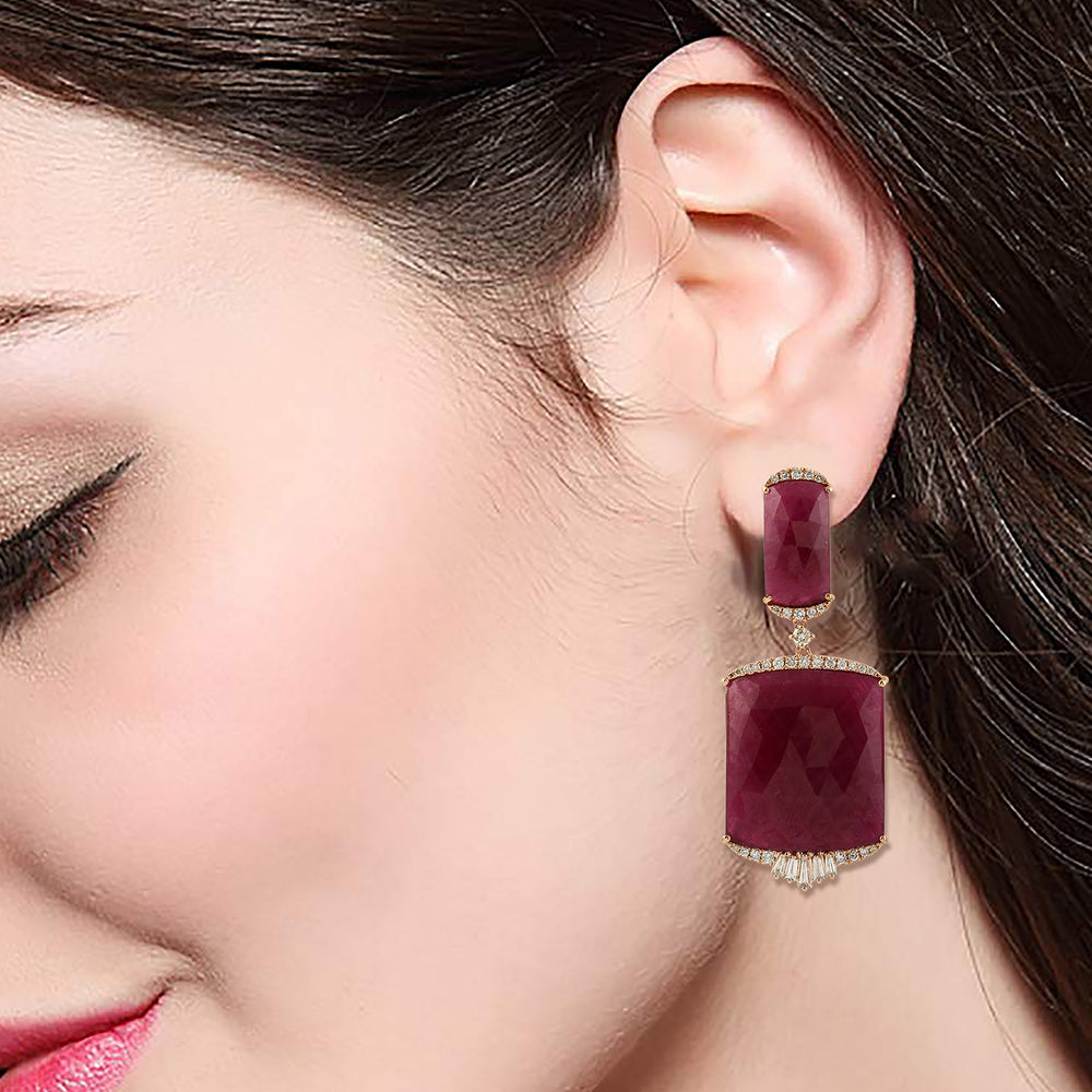 Natural Ruby & pave Diamond Designer Dangle Earrings In 18k Yellow Gold Handmade Jewelry