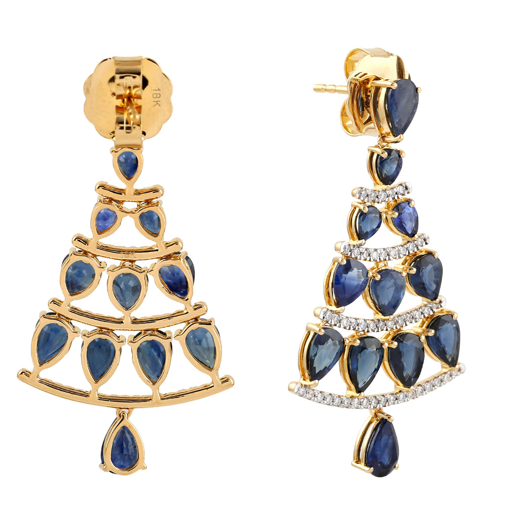 Pear Blue Sapphire Chandelier Earrings with Pave Diamonds in 18K Yellow Gold – Elegant Statement Jewelry