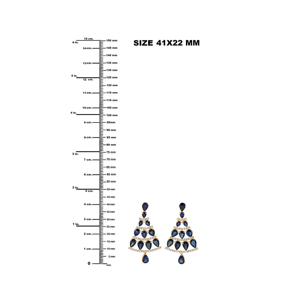 Pear Blue Sapphire Chandelier Earrings with Pave Diamonds in 18K Yellow Gold – Elegant Statement Jewelry