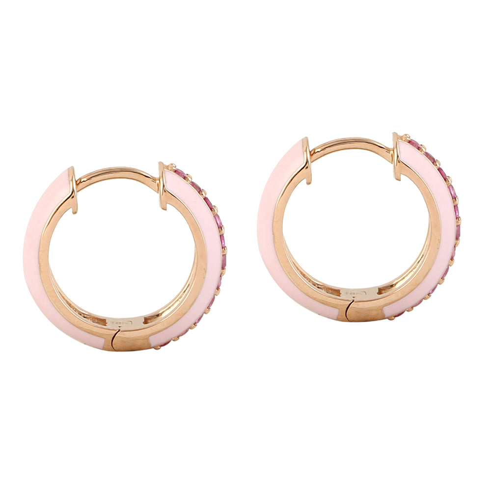 18k Rose Gold Pave Pink Sapphire September Birthstone Enamel Hoop Earrings