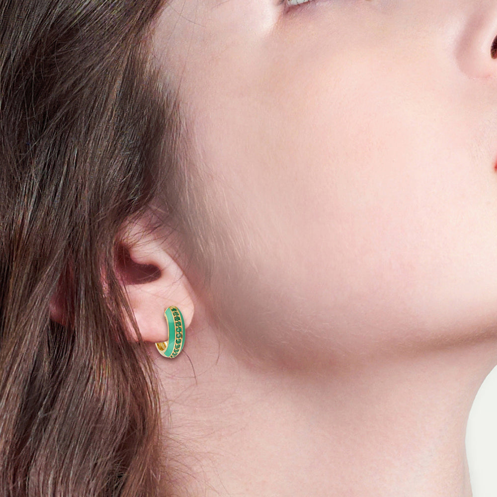 18K Yellow Gold Pave Emerald Gemstone Enamel Hoop Earrings
