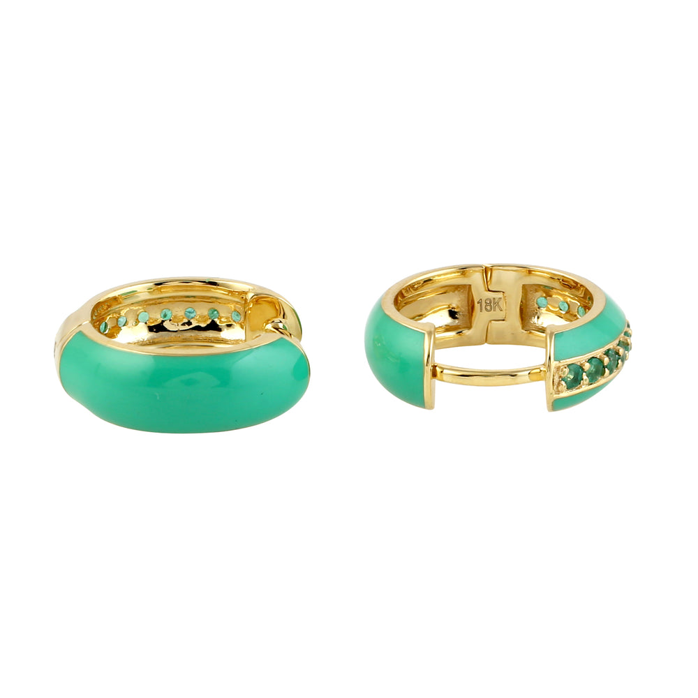 18K Yellow Gold Pave Emerald Gemstone Enamel Hoop Earrings