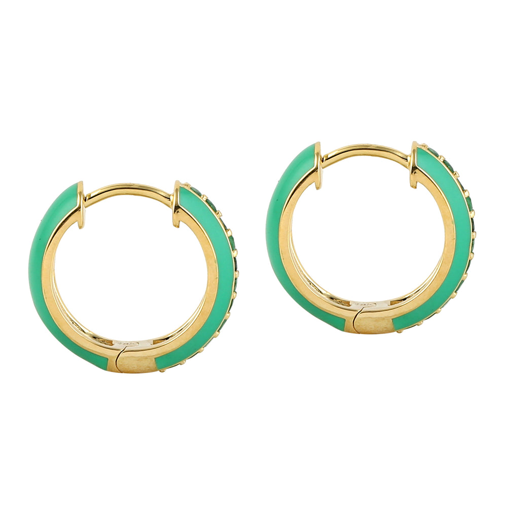 18K Yellow Gold Pave Emerald Gemstone Enamel Hoop Earrings
