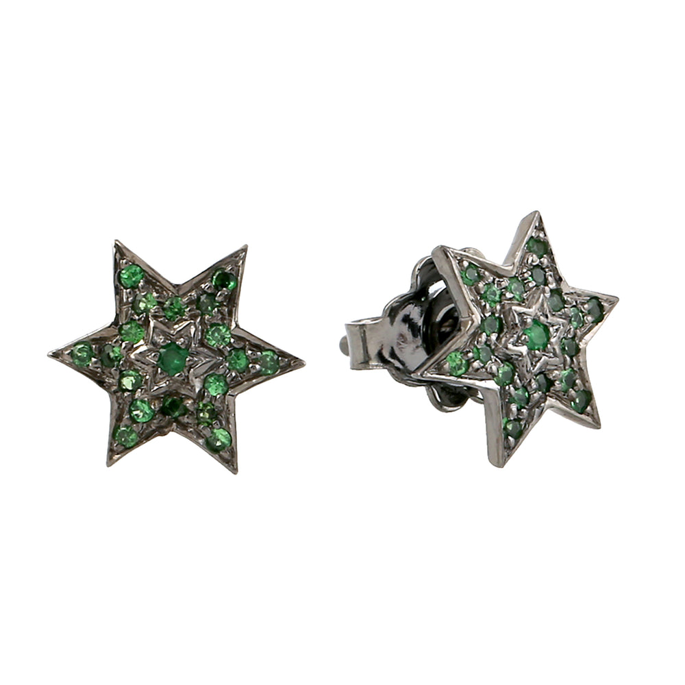 Natural Pave Tsavorite Star Design Stterling Silver Stud Ear Jewelry