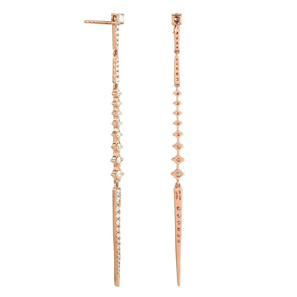 Natural Diamond In 18k Yellow Gold Long Sleek Bar Drop Earrings