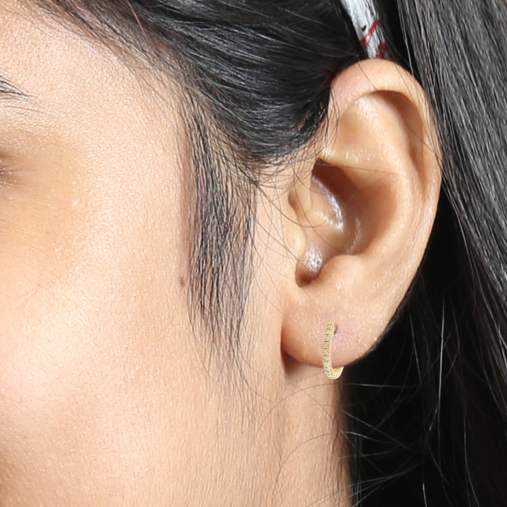 10K Yellow Gold Pave Diamond Huggie Earrings For Gifts
