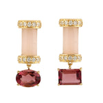 Pink Opal Tourmaline Mismatch Design Danglers In 18k Yellow Gold