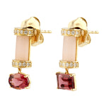 Pink Opal Tourmaline Mismatch Design Danglers In 18k Yellow Gold