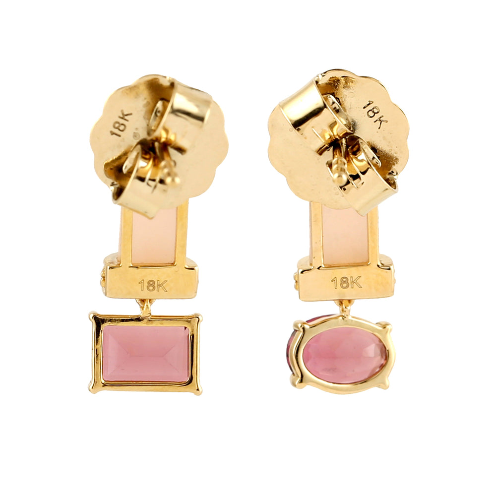 Pink Opal Tourmaline Mismatch Design Danglers In 18k Yellow Gold