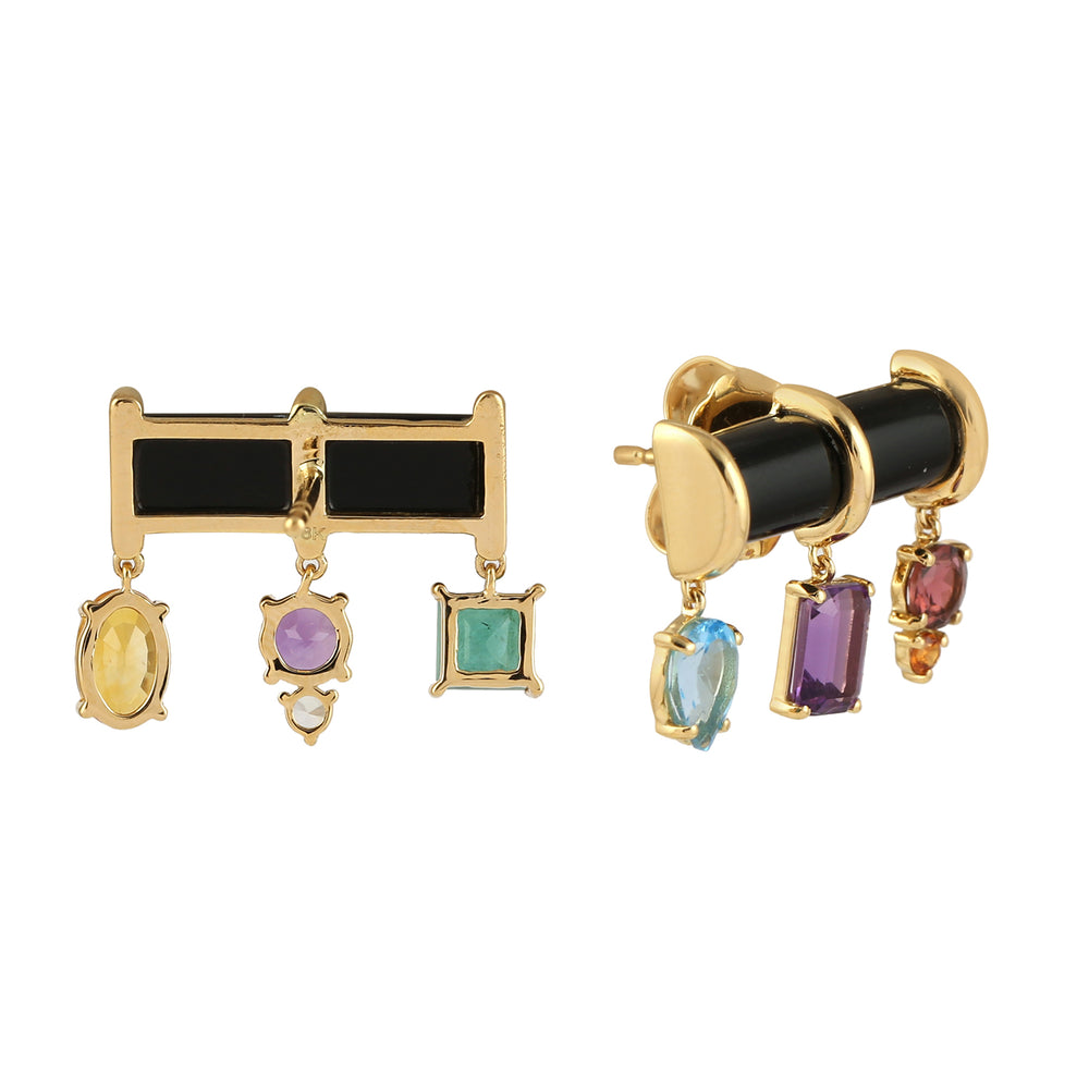 Onyx Amethyst Multi Gemstone Stud Earrings In 18K Yellow gold