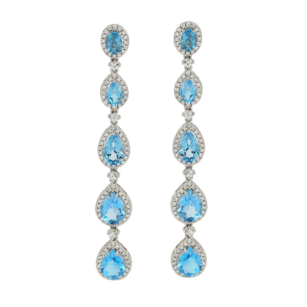 Blue Topaz White Sapphire Pave Diamond Long Earrings In 18k White Gold