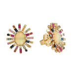 Opal Ethiopian Multicolor Baguette Sapphire Sunburst Stud Earrings In 18k Yellow Gold