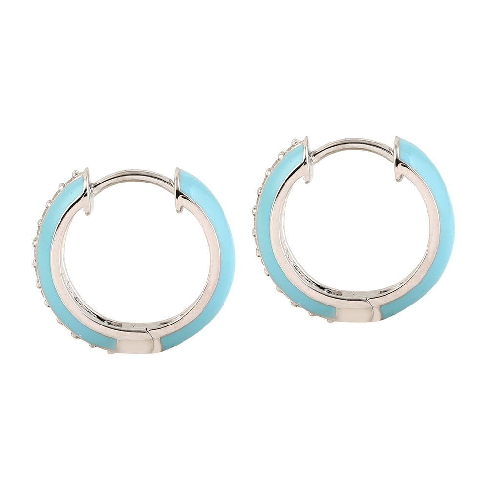 Natural Diamond Pave Enamel Huggie Hoop Earrings In 14k White Gold