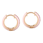 Pink Sapphire September Birthstone Enamel Huggie Hoop Earrings In 14k Rose Gold