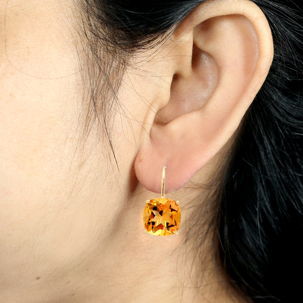 Cushion Citrine November Birthstone Ear Hook Earrings In 14K Yellow Gold