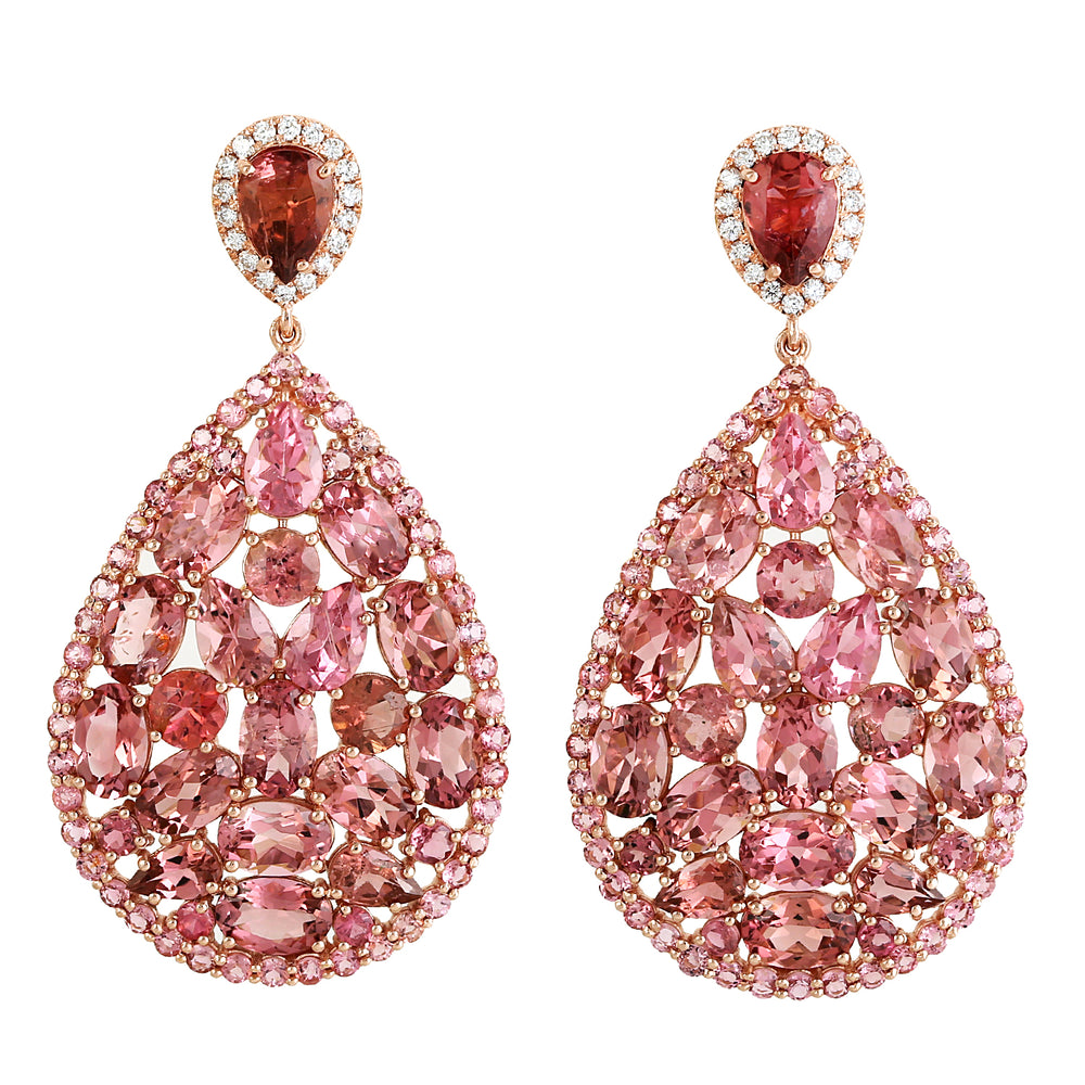 Pink Tourmaline Gemstone Dangle Earrings Pave Diamond In 18k Rose Gold