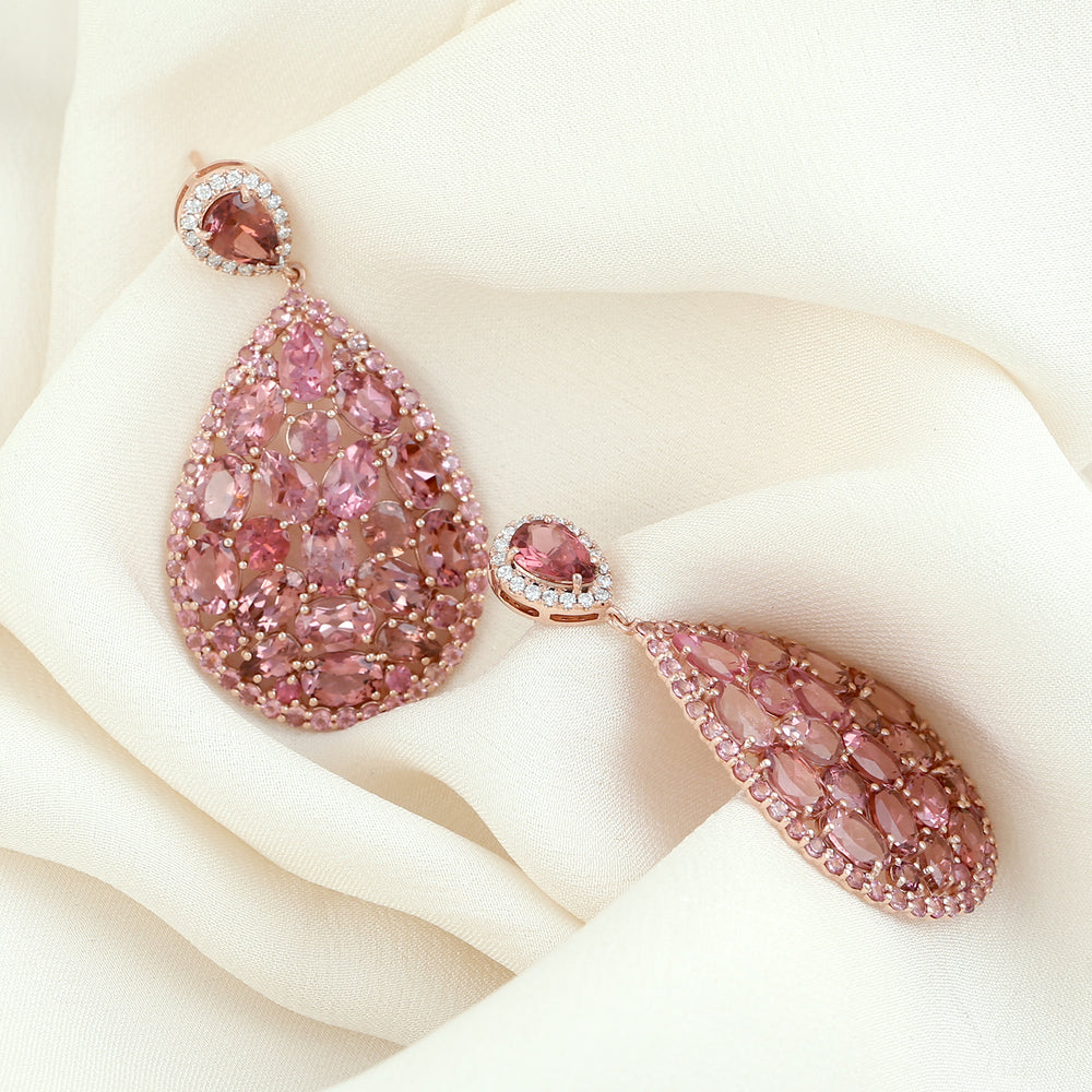 Pink Tourmaline Gemstone Dangle Earrings Pave Diamond In 18k Rose Gold