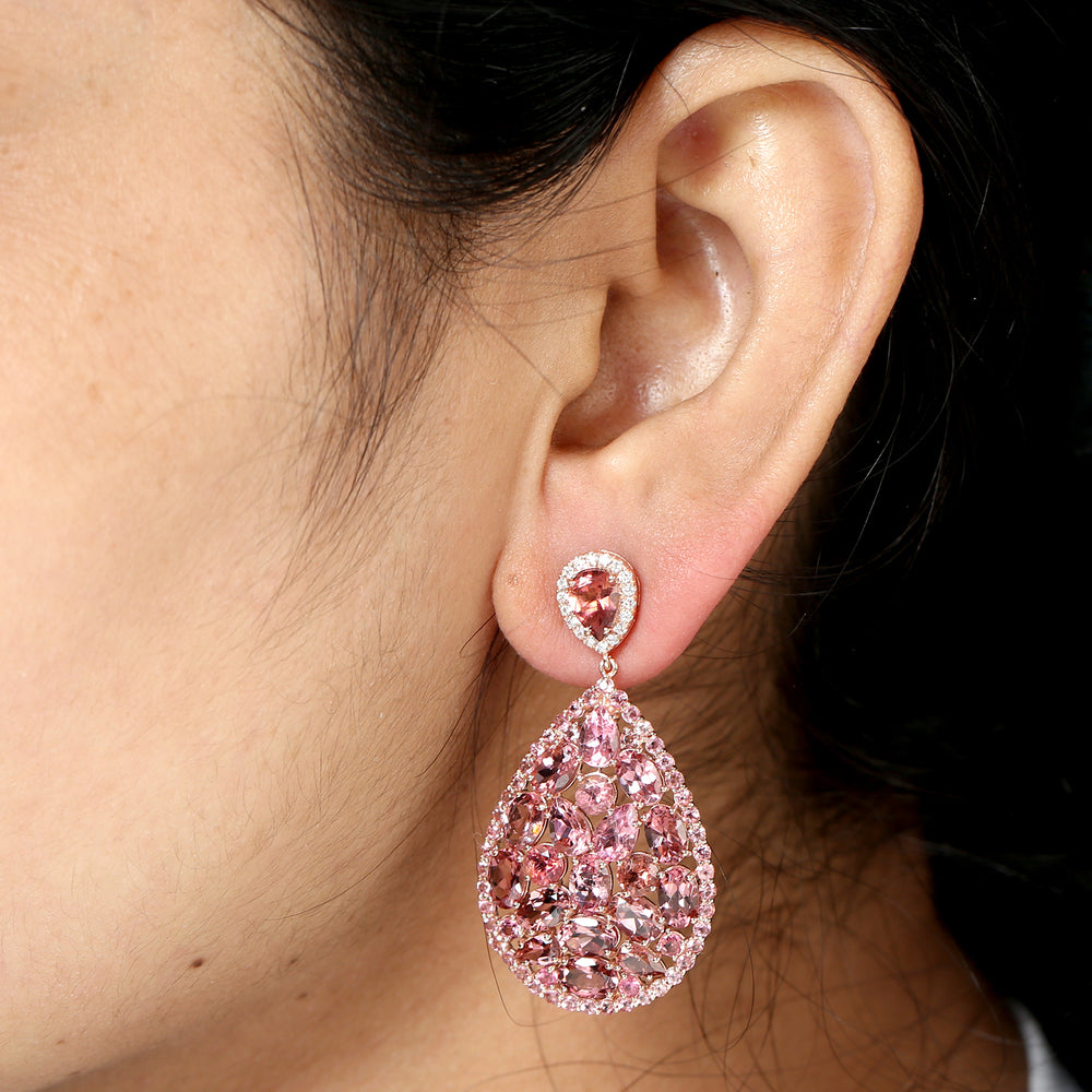Pink Tourmaline Gemstone Dangle Earrings Pave Diamond In 18k Rose Gold