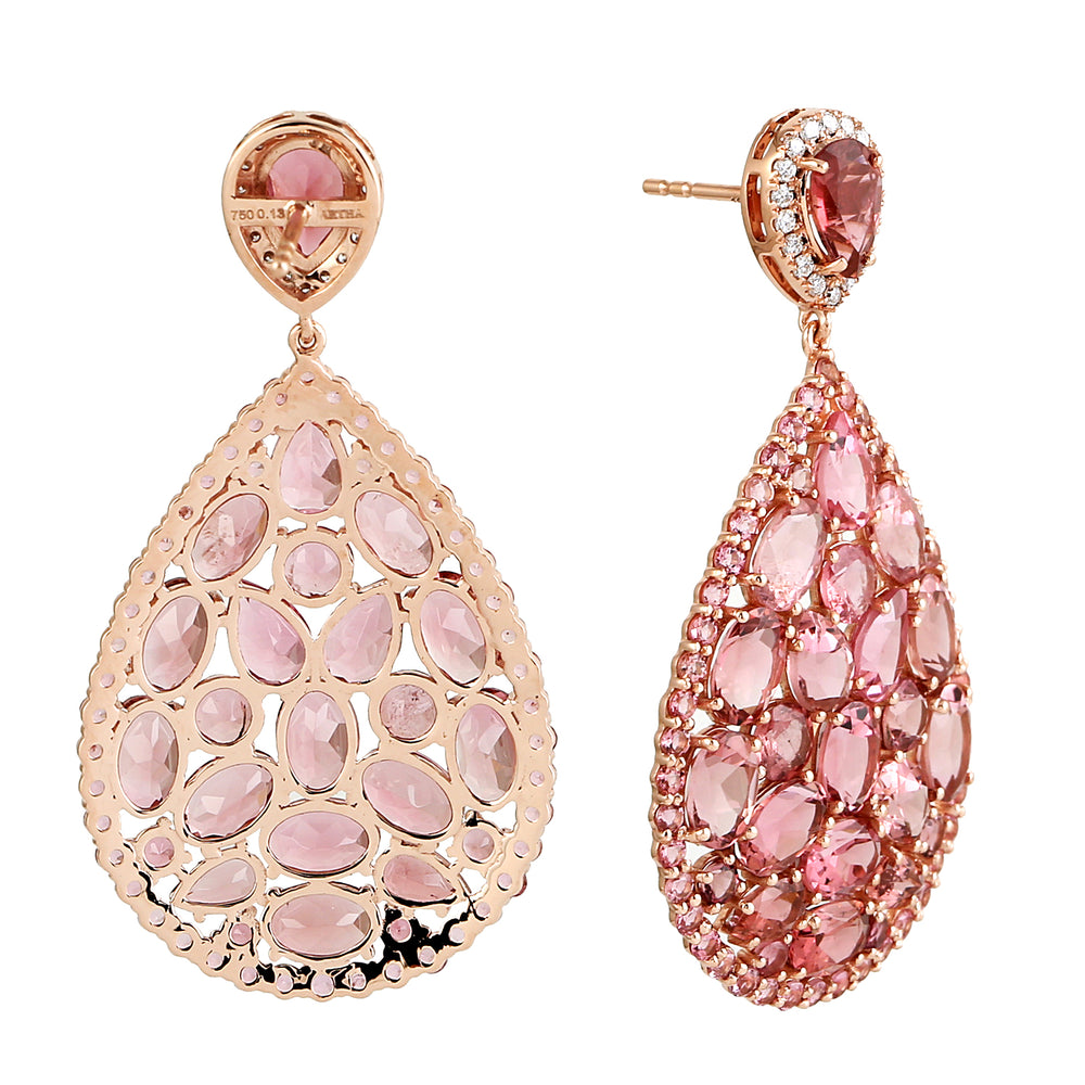 Pink Tourmaline Gemstone Dangle Earrings Pave Diamond In 18k Rose Gold