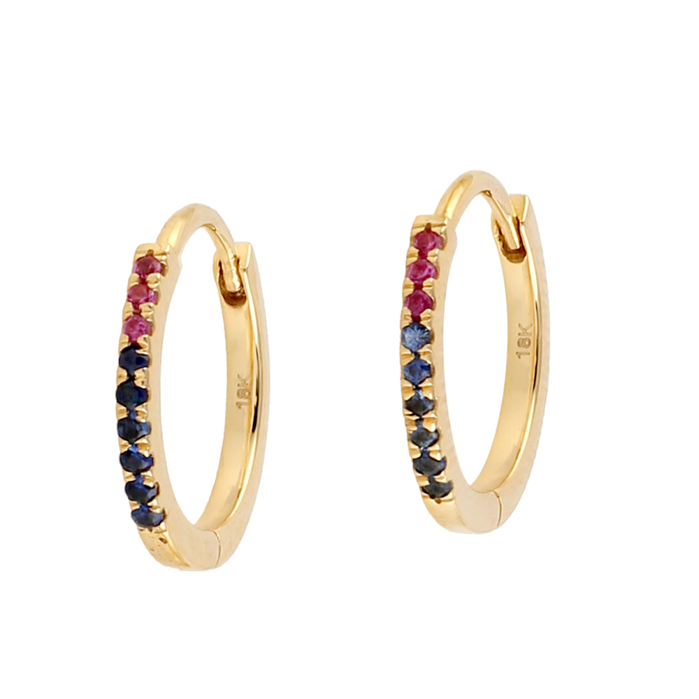 Multicolor Sapphire Micro Pave Huggies Earrings In 18K Yellow Gold For Her