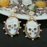 Carved Shell Cameos Sapphire Diamond Halloween 18k Yellow Gold Dangler Party Wear Jewelry