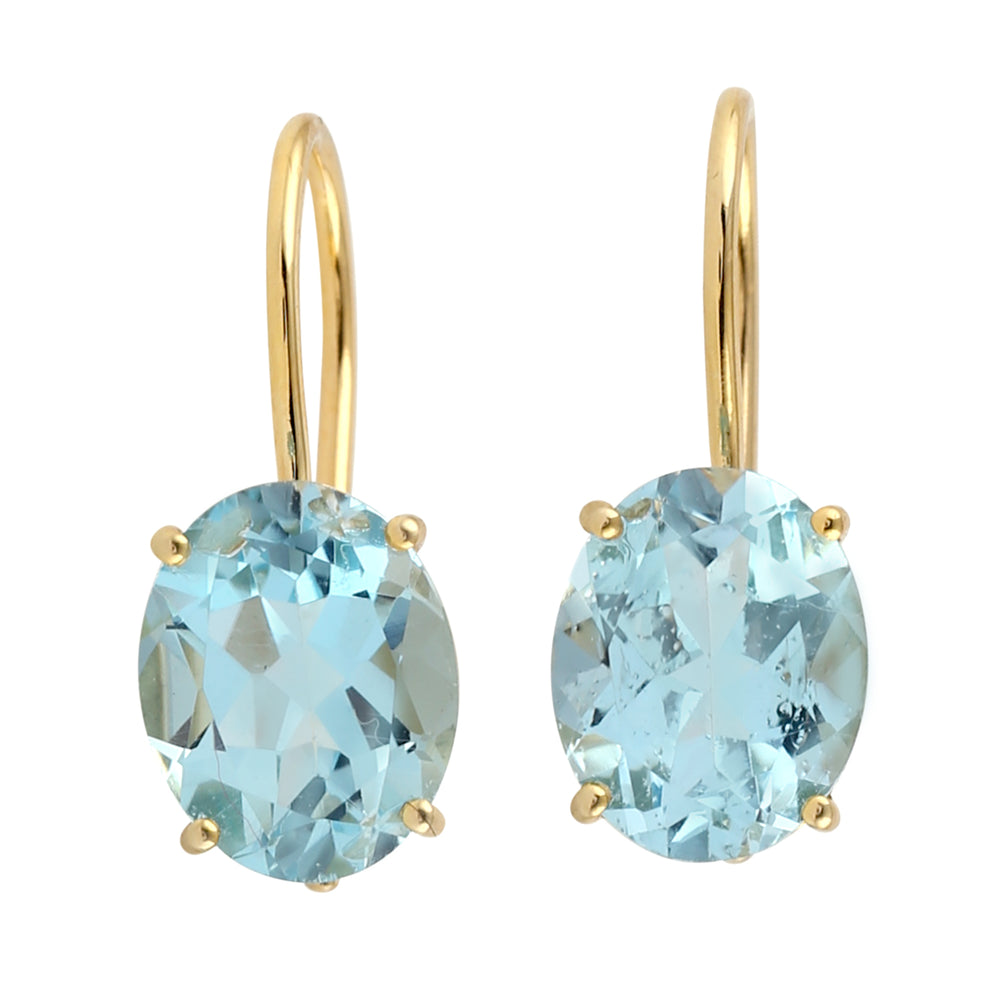 Oval Cut Blue Topaz Gemstone Fish Hook Earrings in 14k Yellow Gold