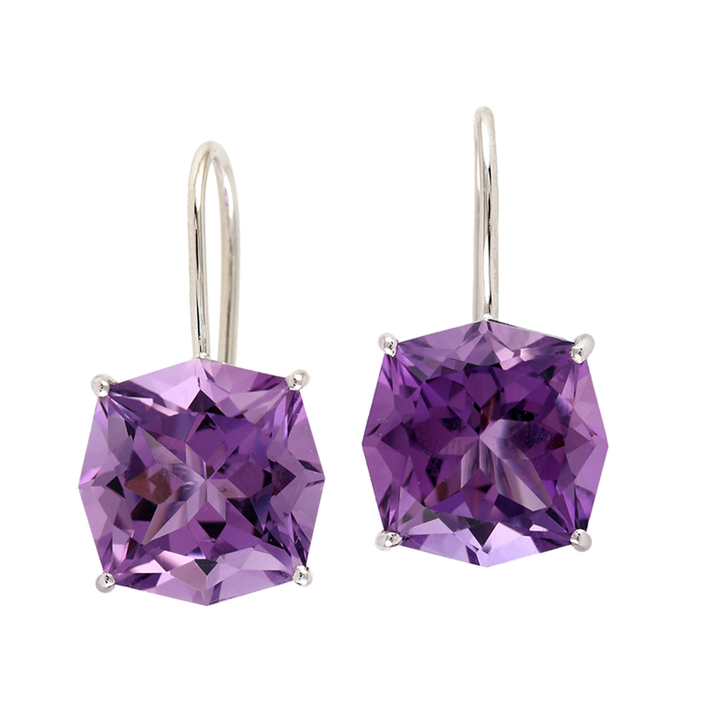 Octagon Amethyst Gemstone Fish Hook Earrings In 14k White Gold