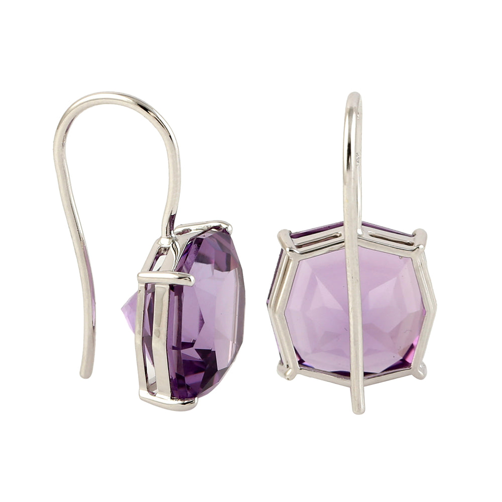 Octagon Amethyst Gemstone Fish Hook Earrings In 14k White Gold