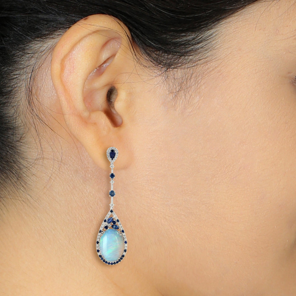 Opal Ethiopian Prong Blue Sapphire Pave Diamond Drop Dangler In 18K White Gold