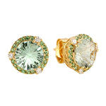 Green Amethyst Round Tsavorite Pave Diamond Beautiful Stud Earrings In 18k Yellow Gold