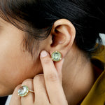 Green Amethyst Round Tsavorite Pave Diamond Beautiful Stud Earrings In 18k Yellow Gold