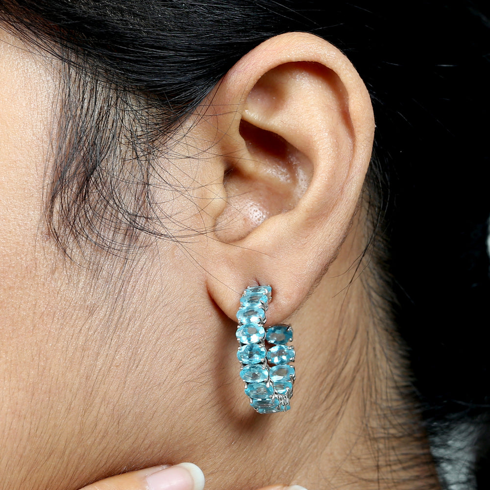 Oval Cut Apatite Gemstone Beautiful Hoop Earrings In 18K White Gold