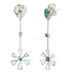 Rose Cut Diamond Pear Emerald Beautiful Floral Danglers In 18k White Gold For Gift