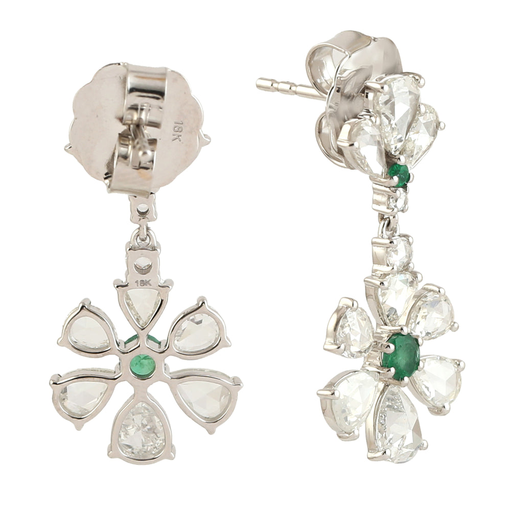 Solid White Gold Natural Emerald & Rose Cut Diamond Flower Earrings For Her